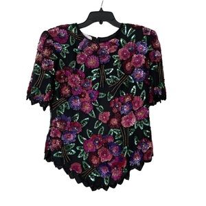 Vintage Laurence Kazar Silk Floral Sequins Beaded Edge Top Blouse Size L NWOT